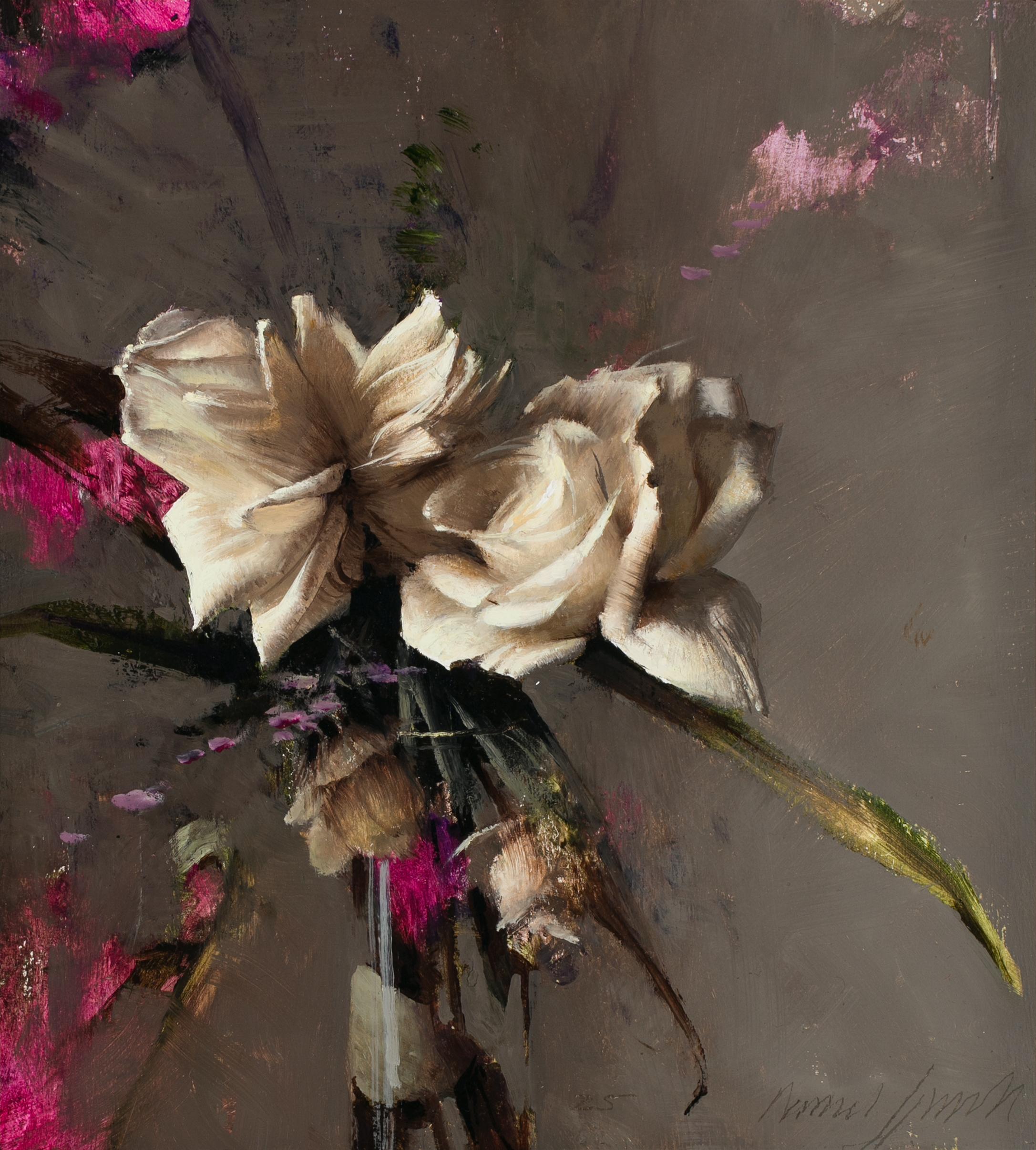 "Jen's White Roses" by Daniel Sprick, Still Life Oil Painting of Roses