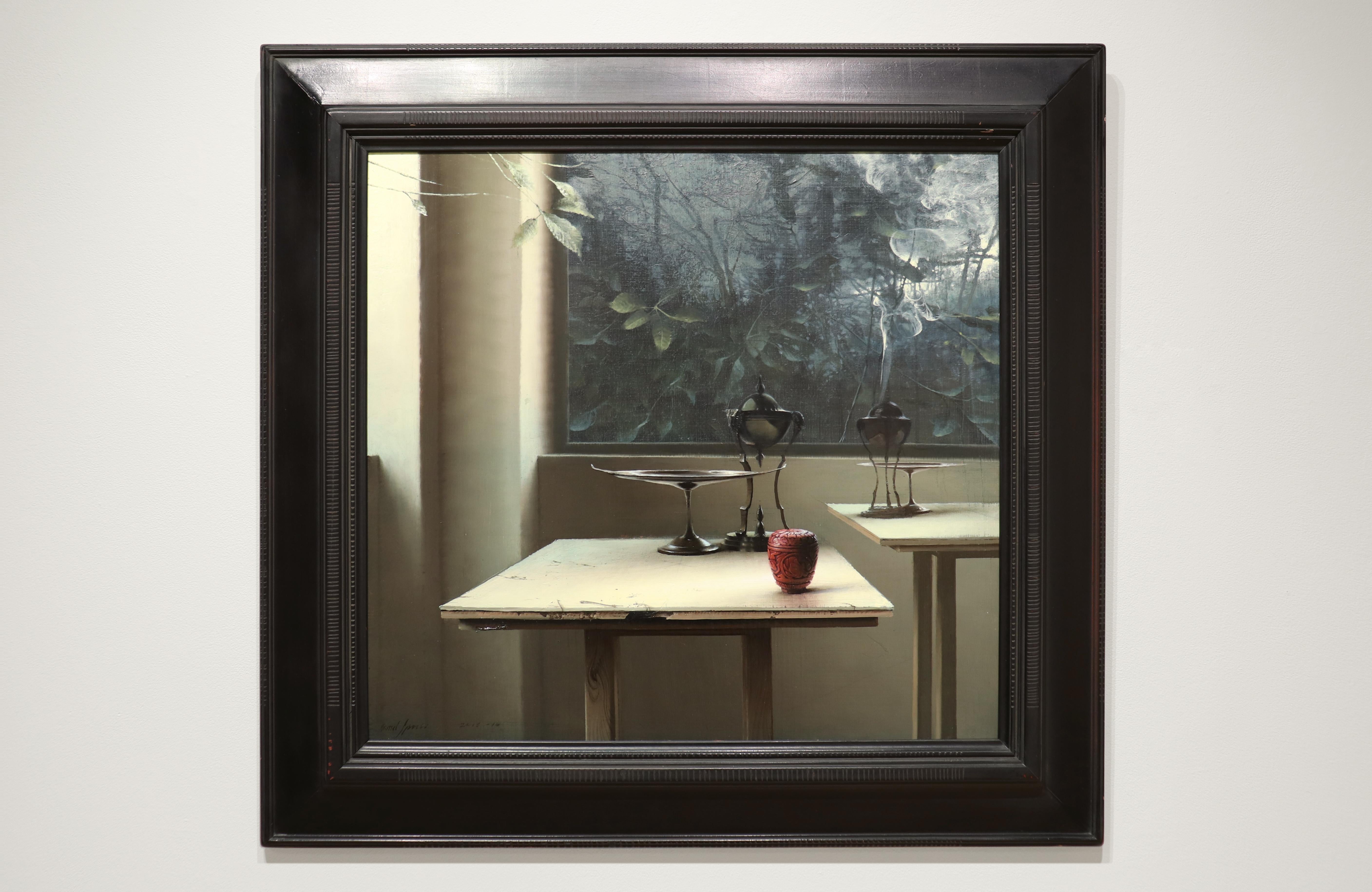 Signals, Still Life, Tables, Plants in Window, White, Red, Green, Photorealism - Painting by Daniel Sprick