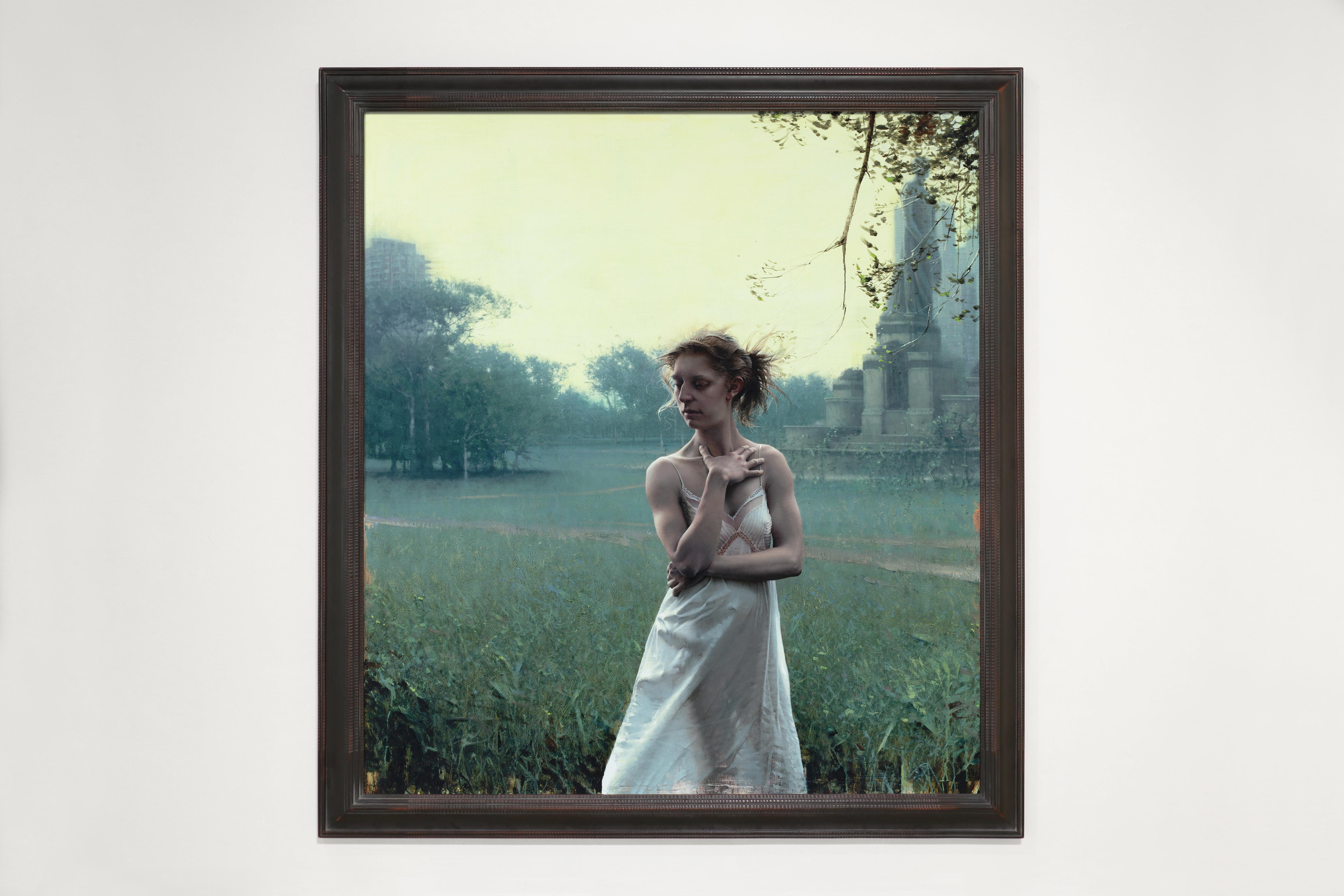 WAKE FROM DREAM., Photorealism, Woman in White Dress, landscape - Painting by Daniel Sprick