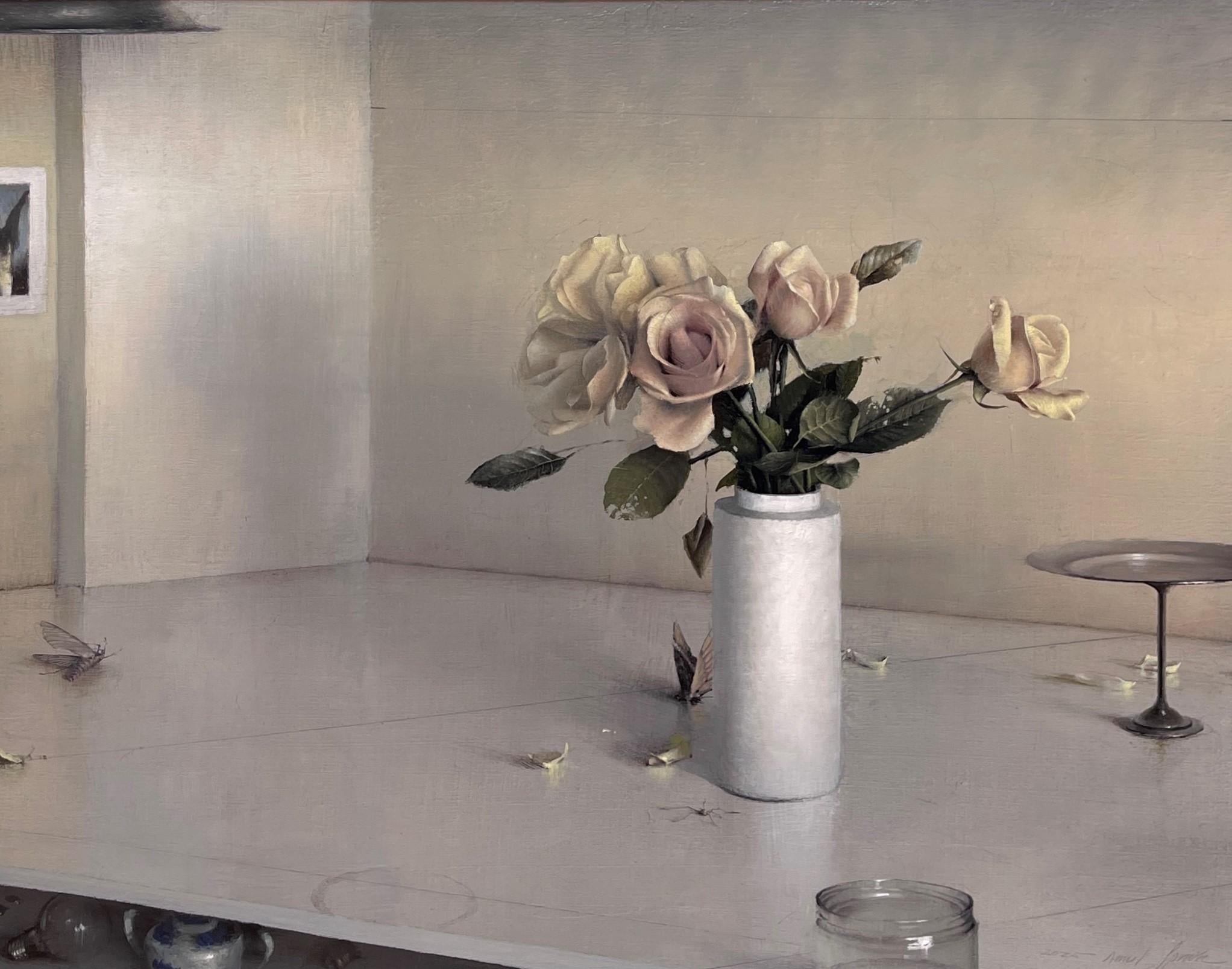 "Blanco sobre blanco" de Daniel Sprick, bodegón al óleo de rosas