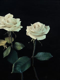 "White Roses IV" - Photorealist Floral Still-Life, Oil Painting on Board