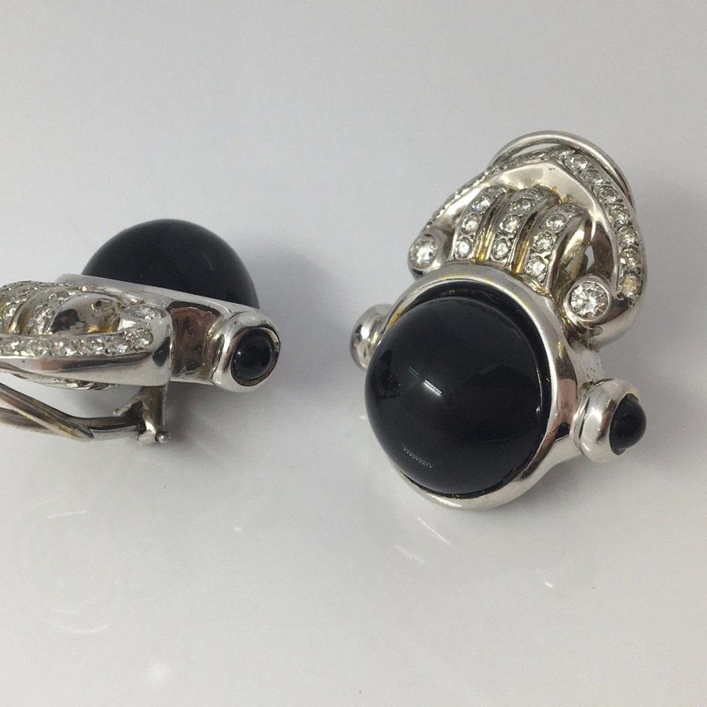 Brilliant Cut Daniel Stein Signed Large Antique Black Onyx and Diamonds Earrings Thumbnail 1 For Sale