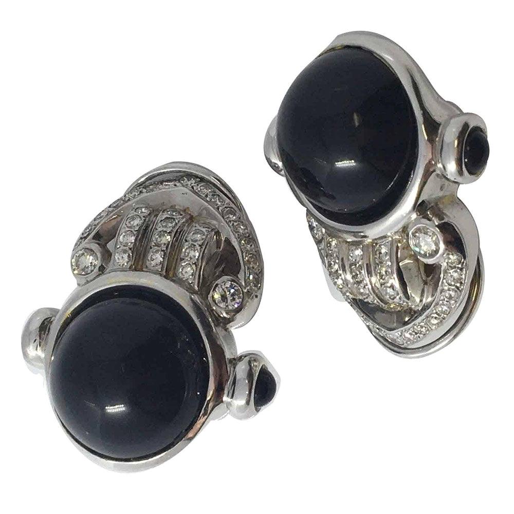 Daniel Stein Signed Large Antique Black Onyx and Diamonds Earrings Thumbnail 1 For Sale
