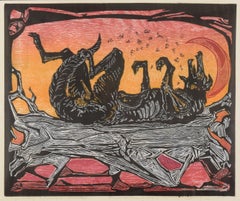 "Coyote Scratching His Fleas..." - Woodblock Print