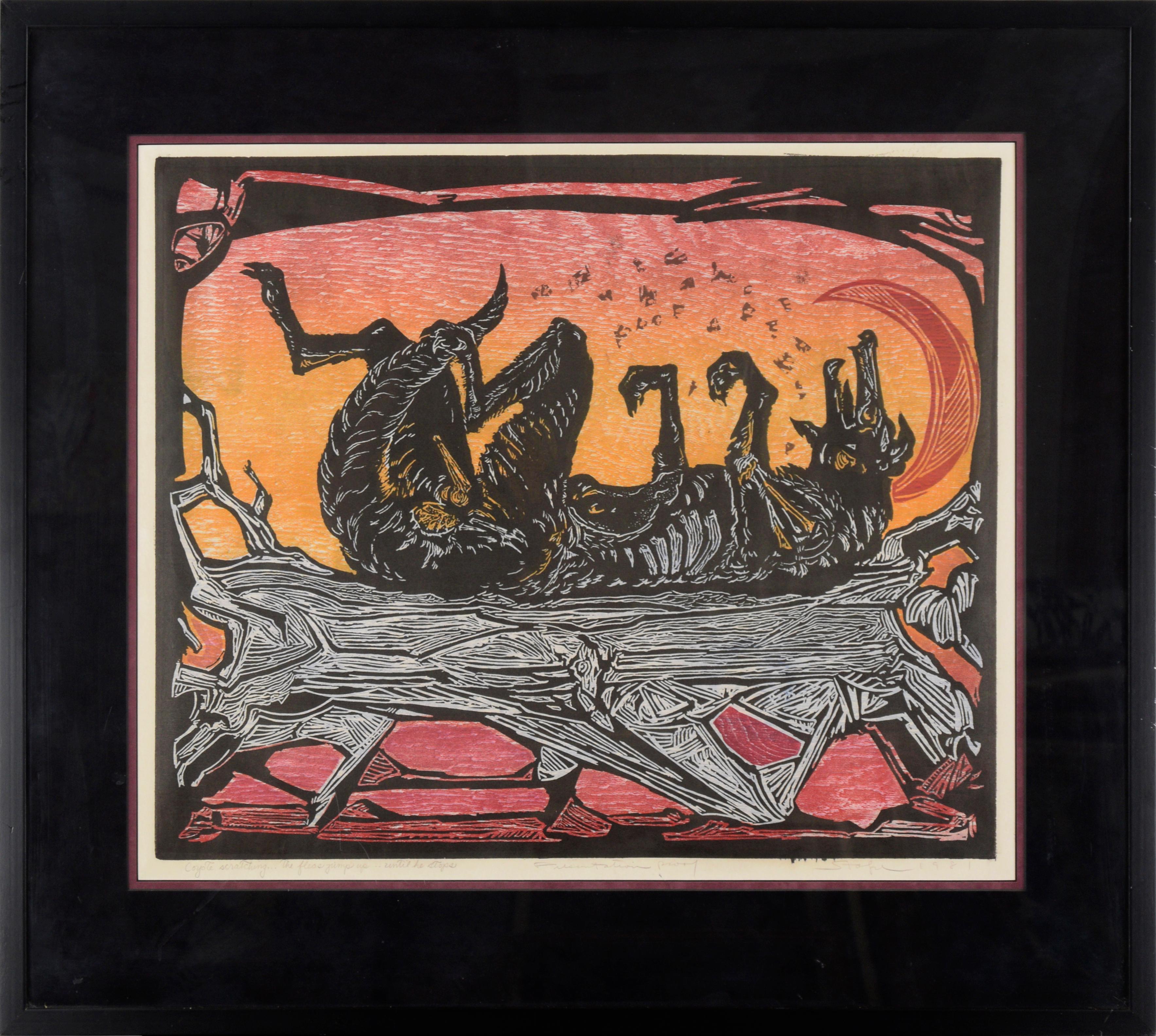 Daniel Stolpe Animal Print - "Coyote Scratching His Fleas..." - Woodblock Print