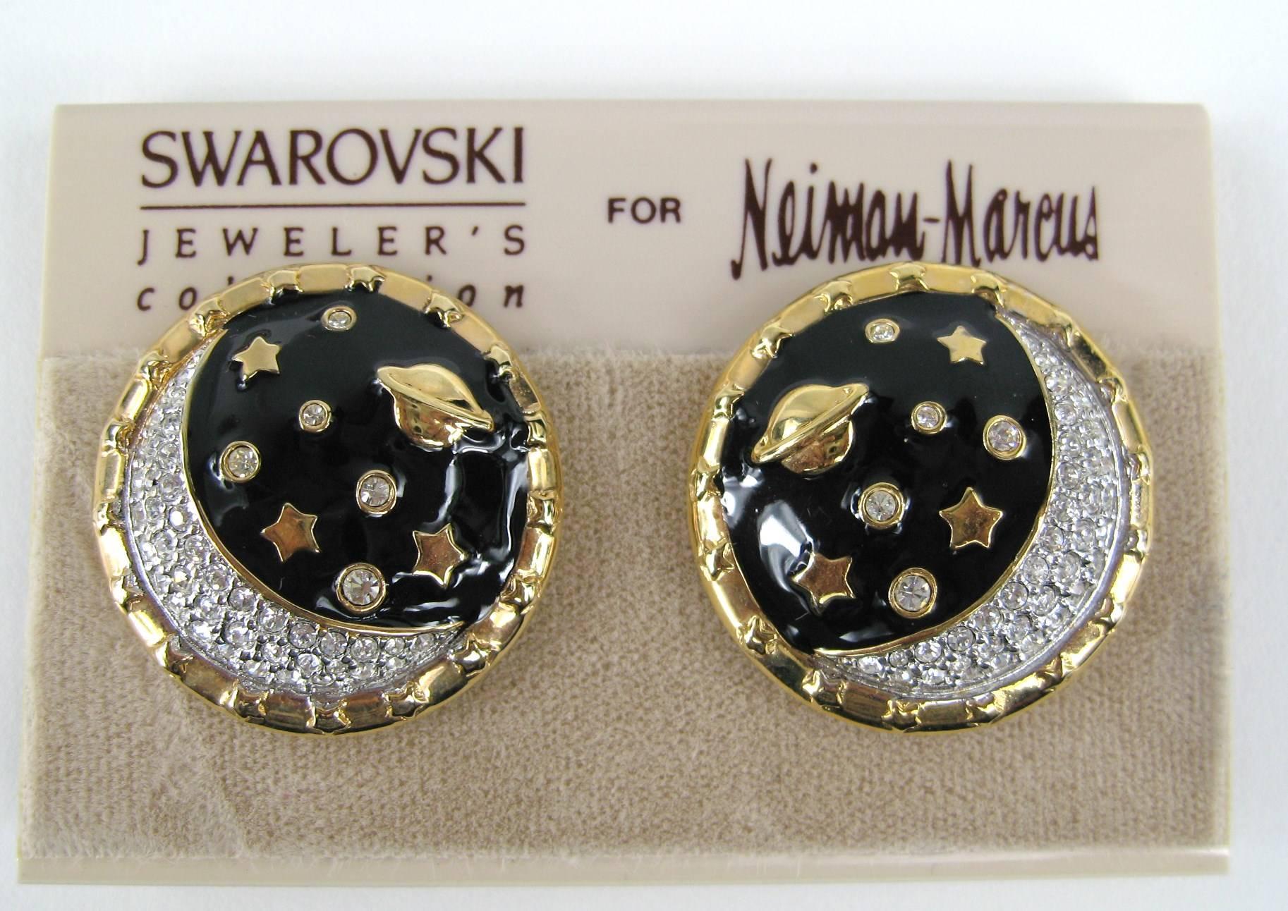 Swarovski Crystal Moon Earrings. Still on original  Neiman Marcus earring card. Measuring 1.15n in diameter. This is out of a massive collection of Hopi, Zuni, Navajo, Southwestern, sterling silver, costume jewelry and fine jewelry from one