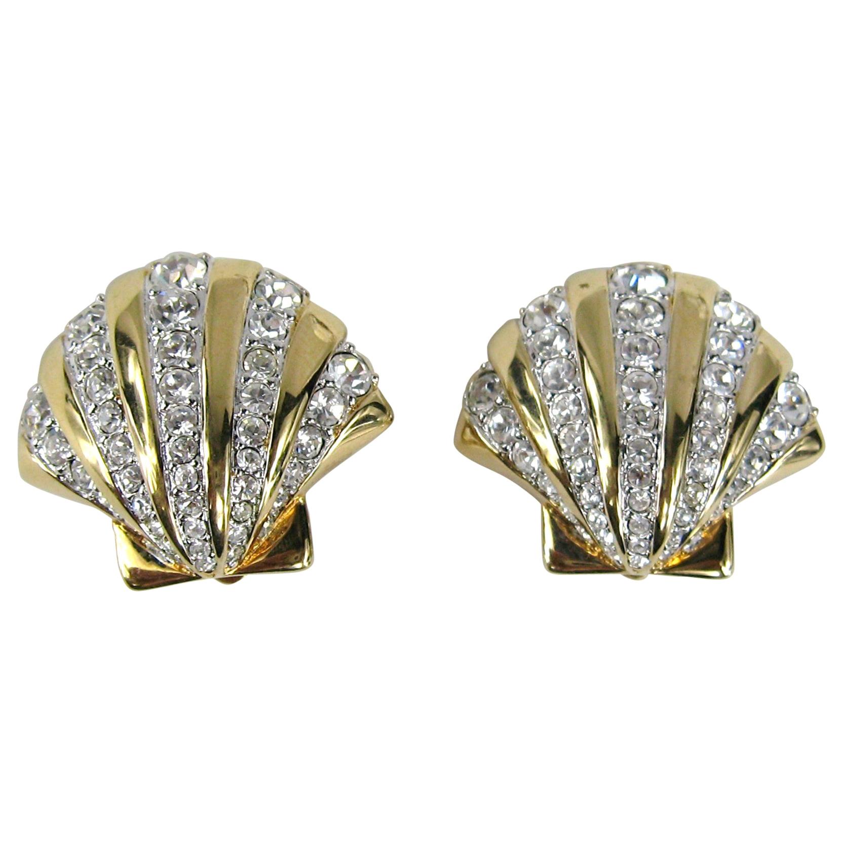  Daniel Swarovski Crystal Encrusted Shell earrings New, Never Worn 1980s For Sale