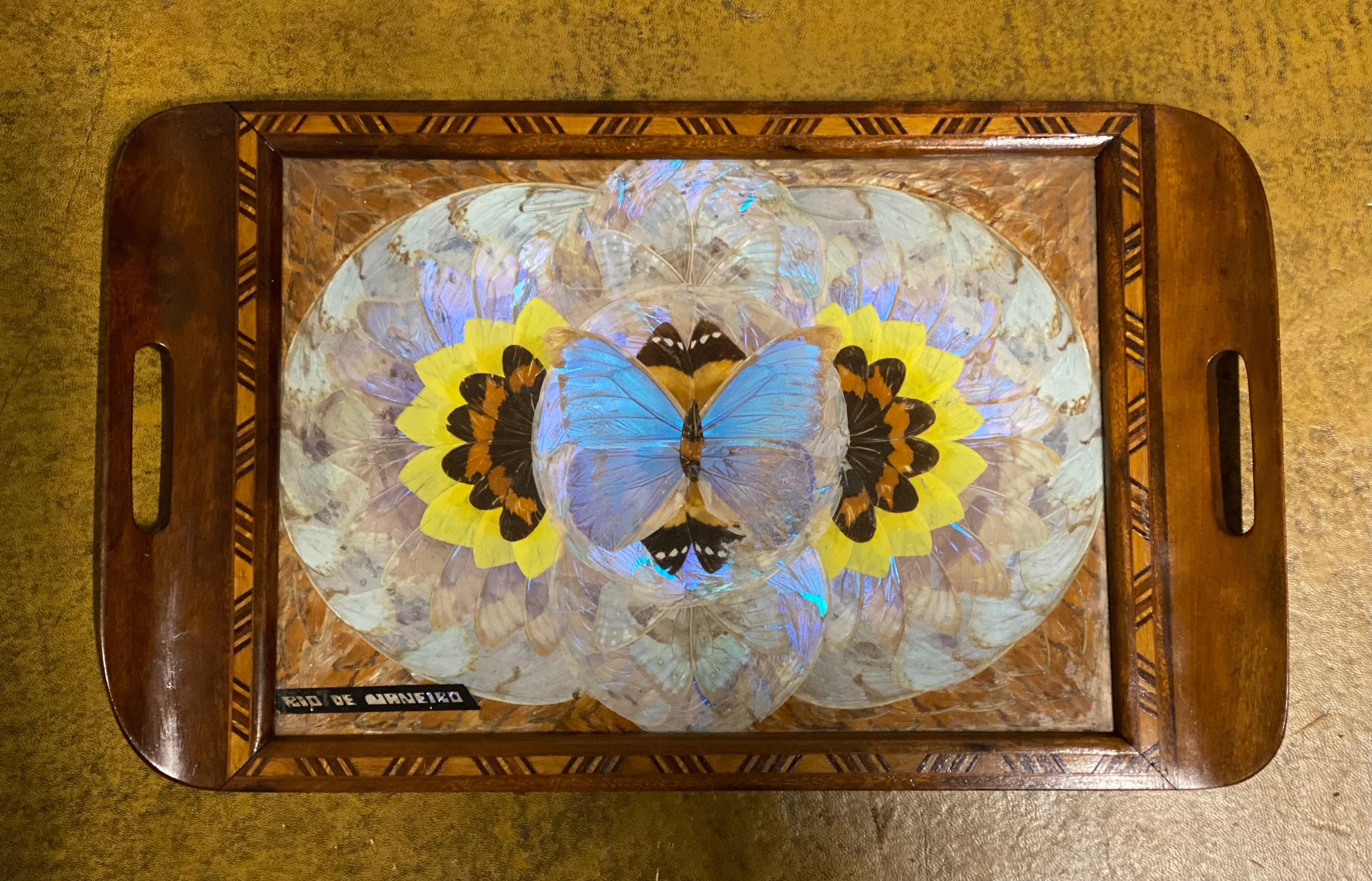 
We are excited to present this vintage Brazilian inlaid wood tray with real Morpho butterfly wings.

This vintage tray features a geometric pattern made from the wings of the brilliant iridescent Blue Morpho butterfly.
Move the tray slightly and