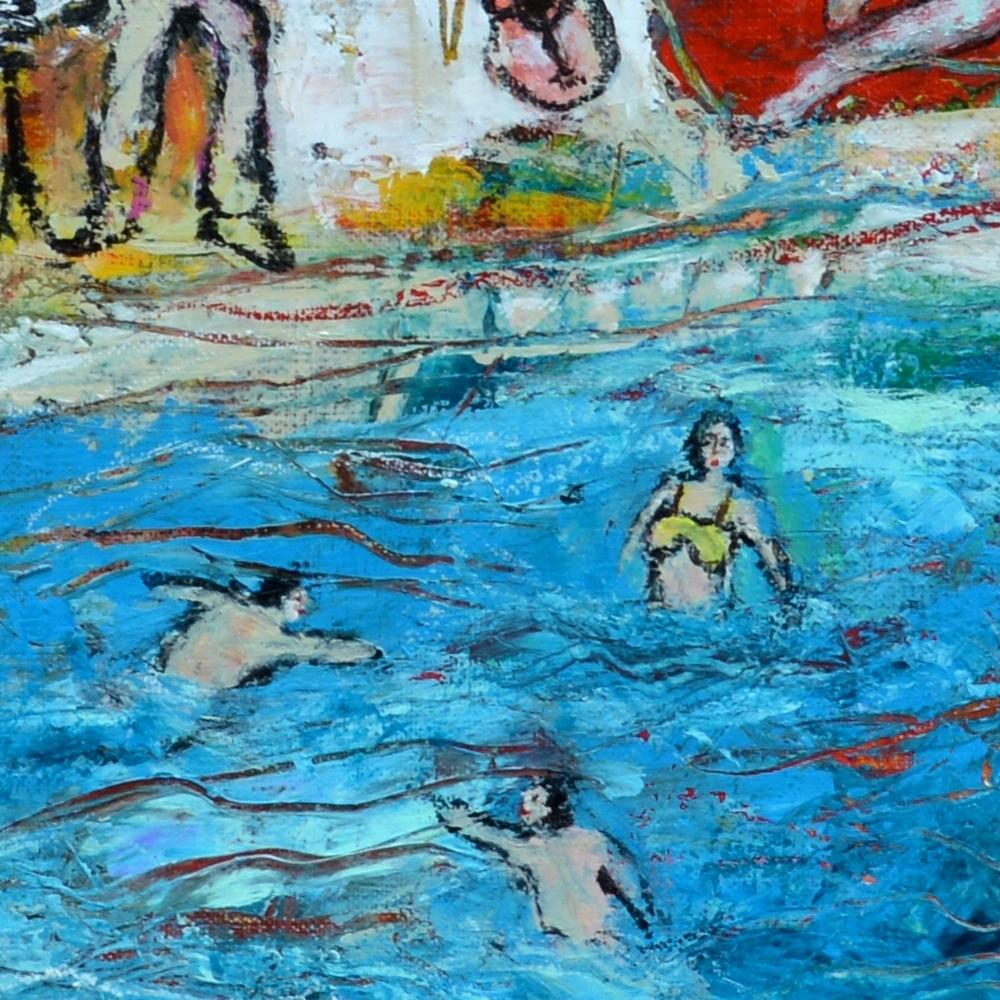 « A day at the Swimming Pool », peinture de figuration poétique bleue, jaune, rouge, verte en vente 8