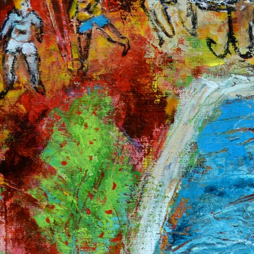« A day at the Swimming Pool », peinture de figuration poétique bleue, jaune, rouge, verte en vente 9