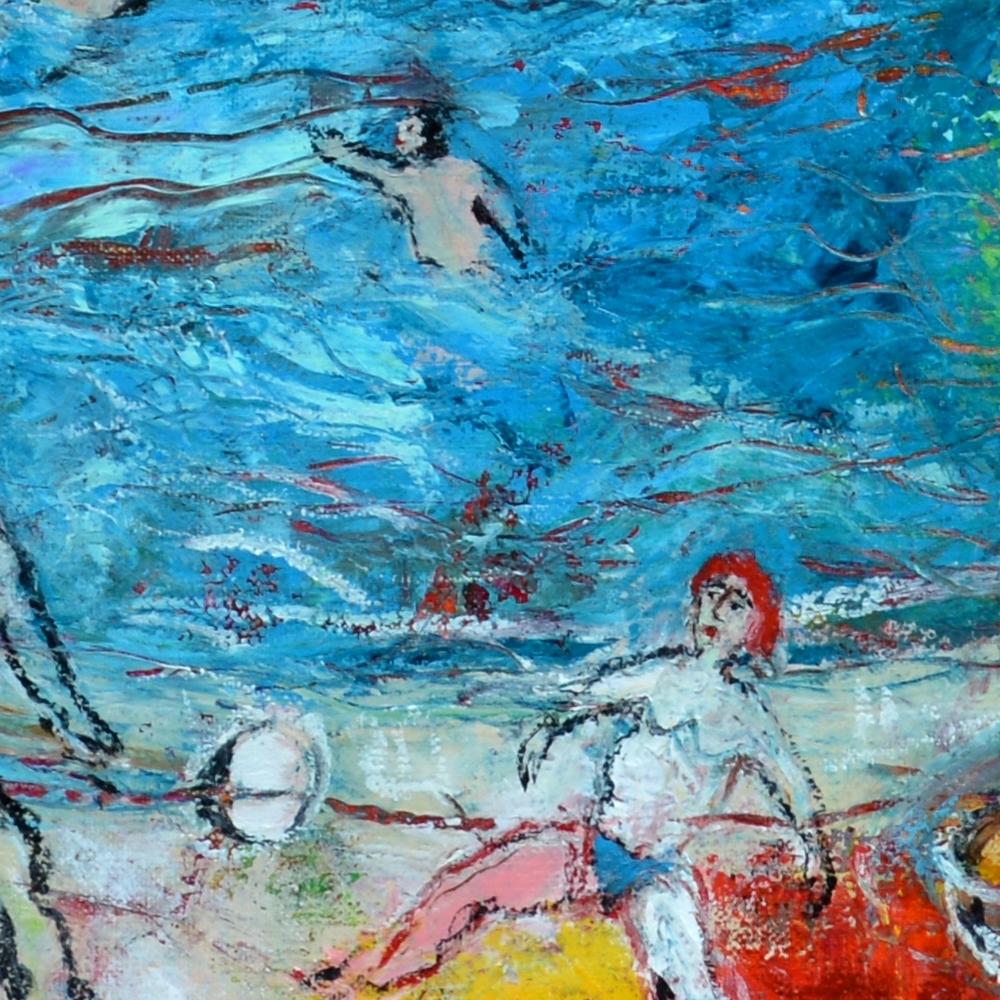 « A day at the Swimming Pool », peinture de figuration poétique bleue, jaune, rouge, verte en vente 10