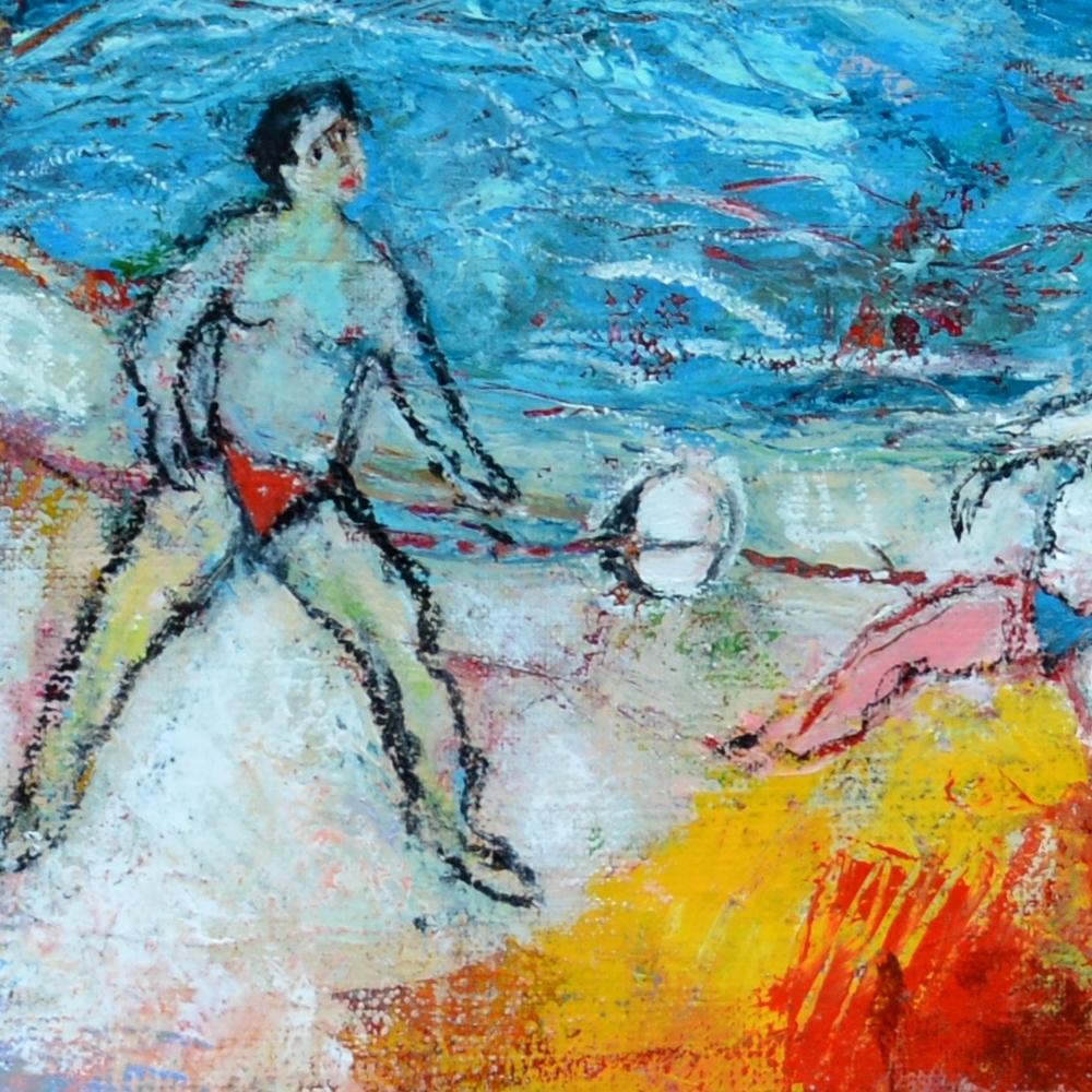 « A day at the Swimming Pool », peinture de figuration poétique bleue, jaune, rouge, verte en vente 11