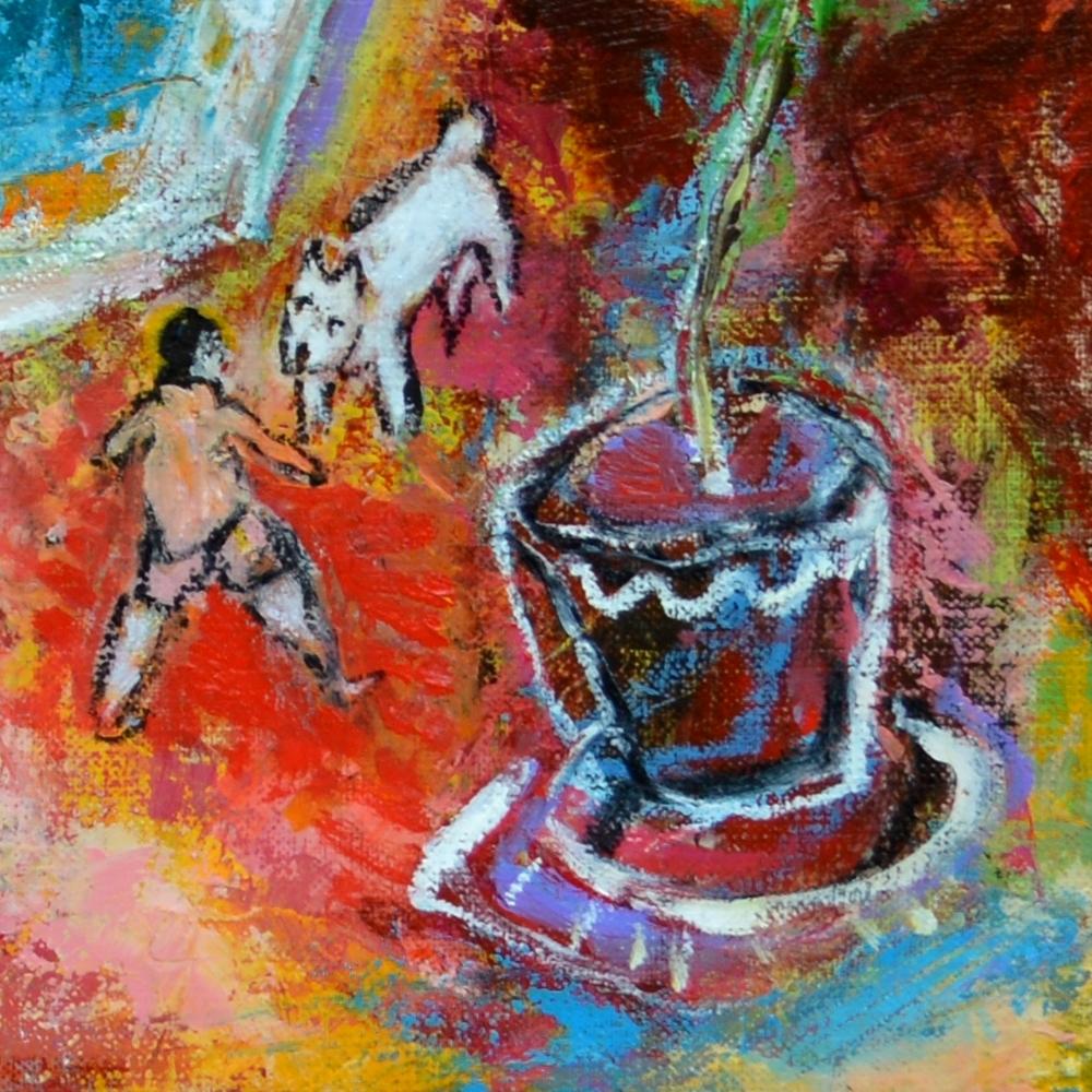 « A day at the Swimming Pool », peinture de figuration poétique bleue, jaune, rouge, verte en vente 12