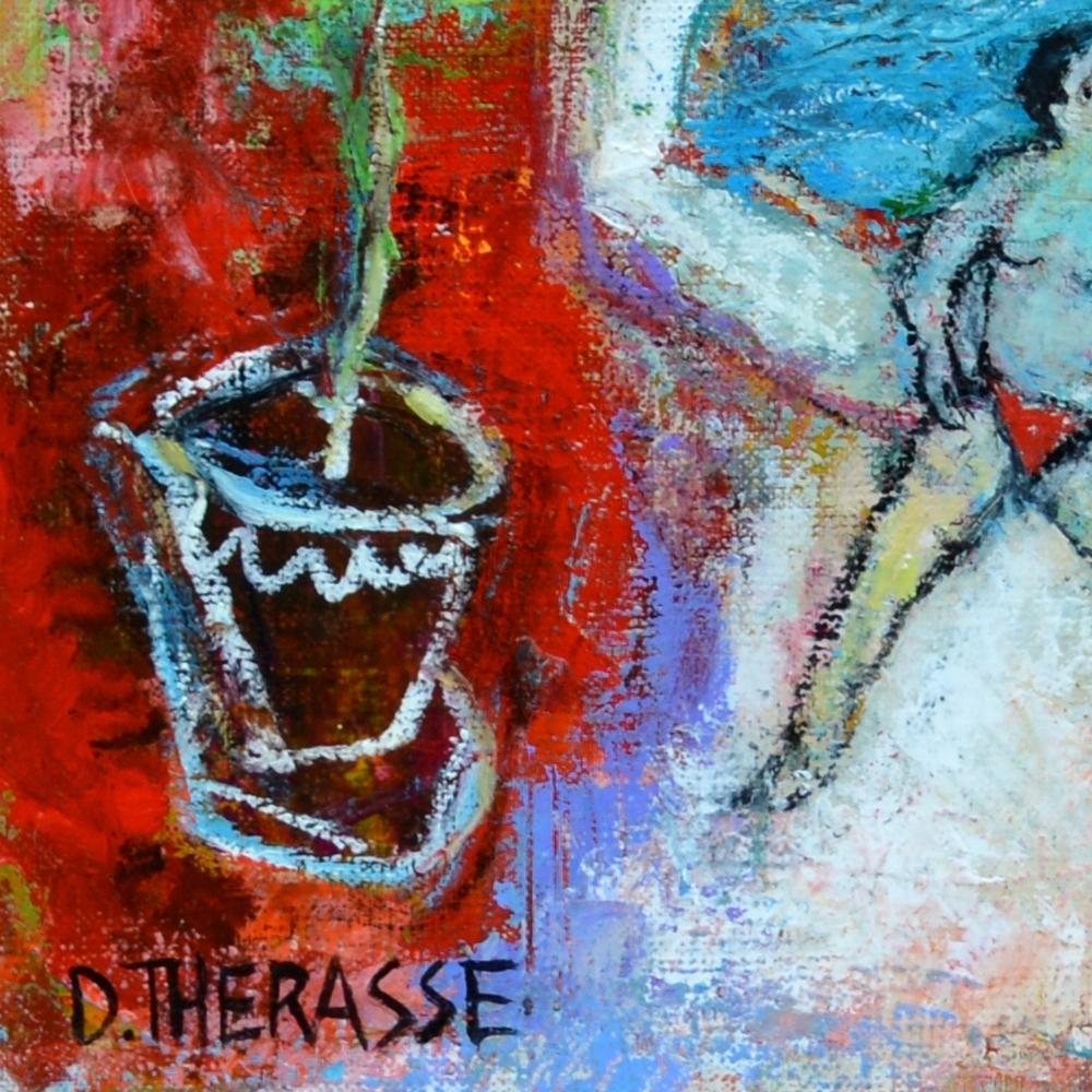 « A day at the Swimming Pool », peinture de figuration poétique bleue, jaune, rouge, verte en vente 13
