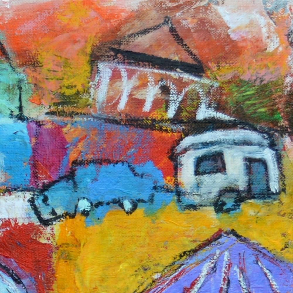 « A day at the Swimming Pool », peinture de figuration poétique bleue, jaune, rouge, verte en vente 14