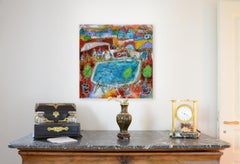 "A day at the Swimming Pool", Blue Yellow Red Green Poetic Figuration Painting