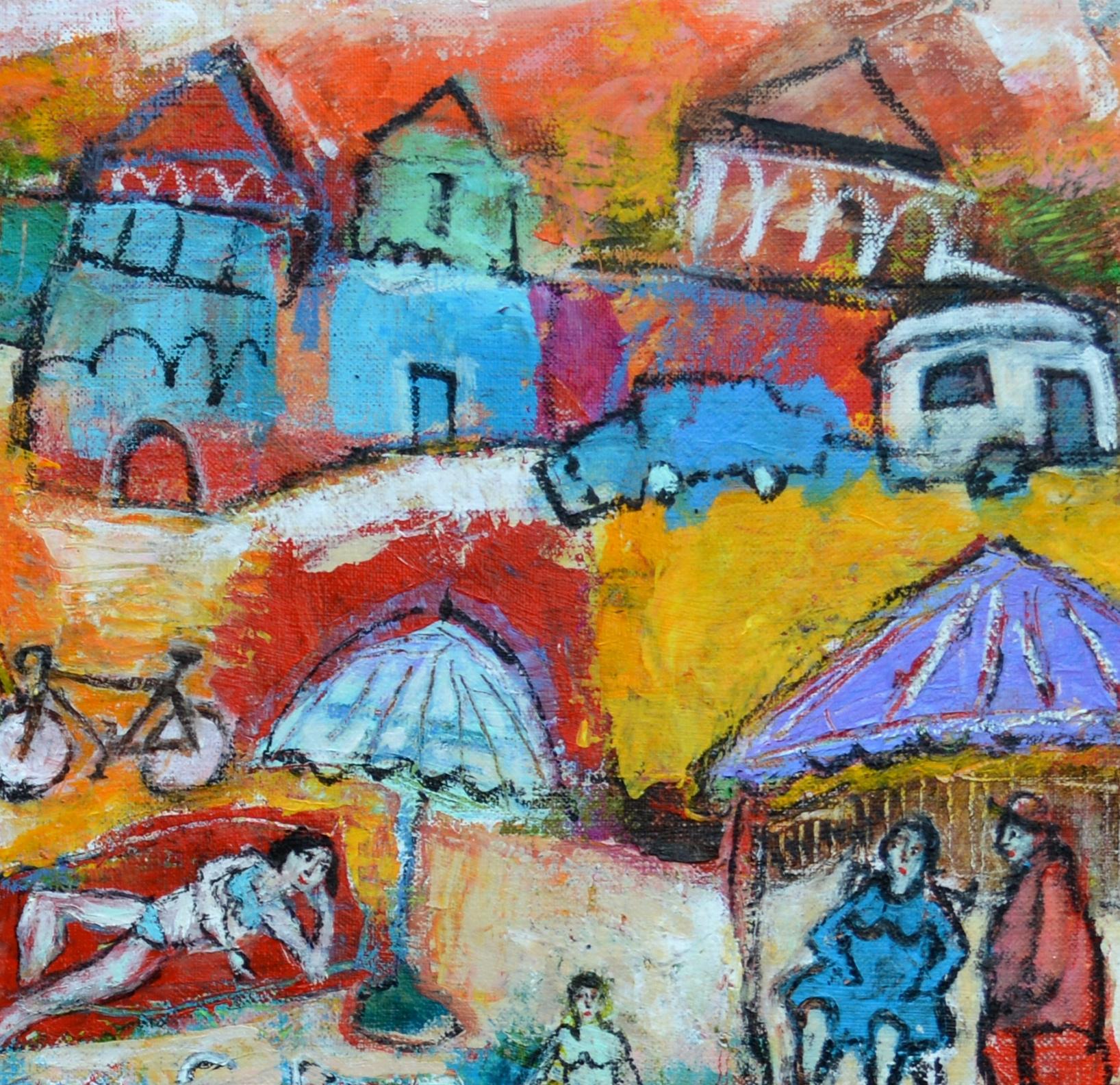 « A day at the Swimming Pool », peinture de figuration poétique bleue, jaune, rouge, verte en vente 3