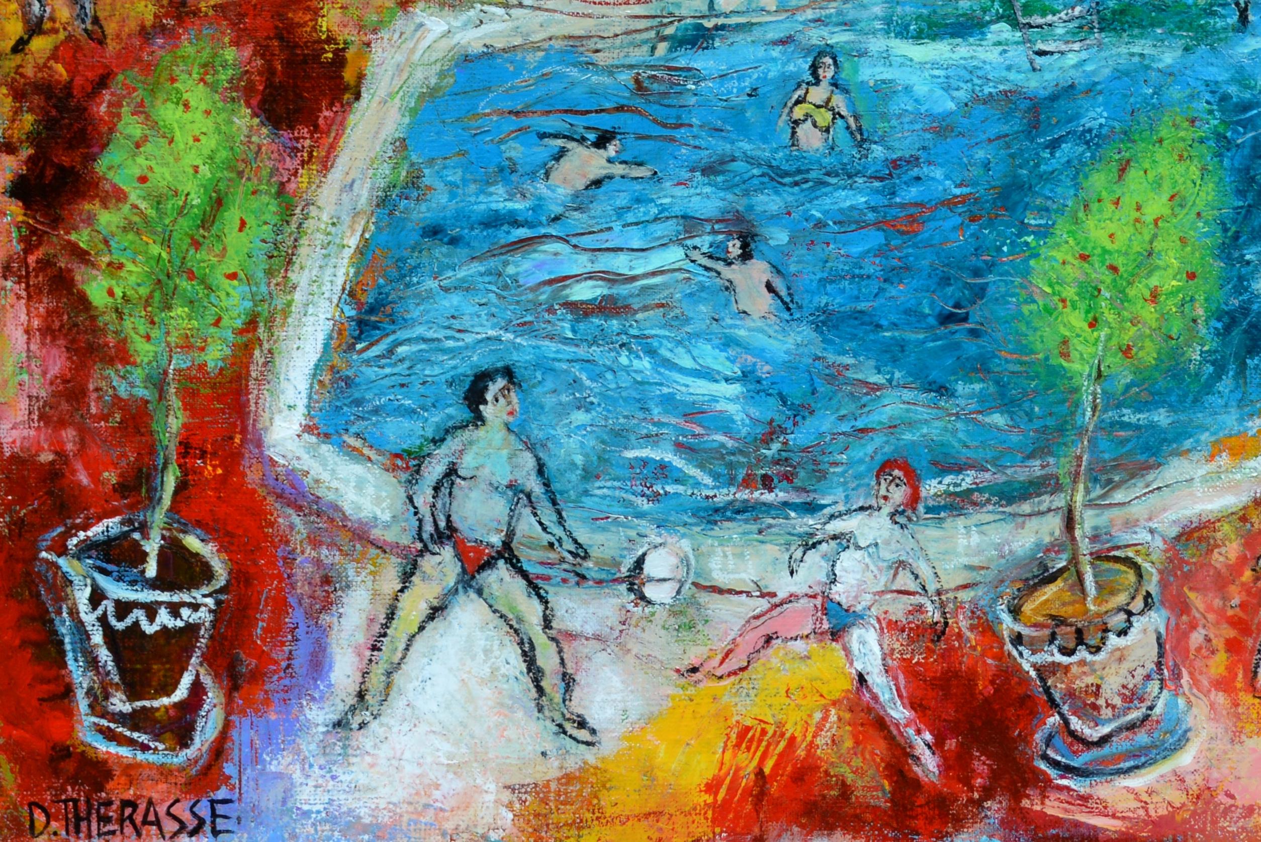 « A day at the Swimming Pool », peinture de figuration poétique bleue, jaune, rouge, verte en vente 4