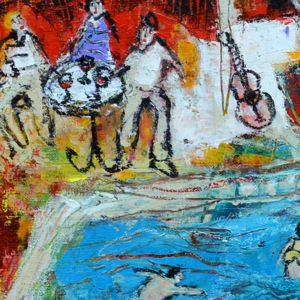 « A day at the Swimming Pool », peinture de figuration poétique bleue, jaune, rouge, verte en vente 5