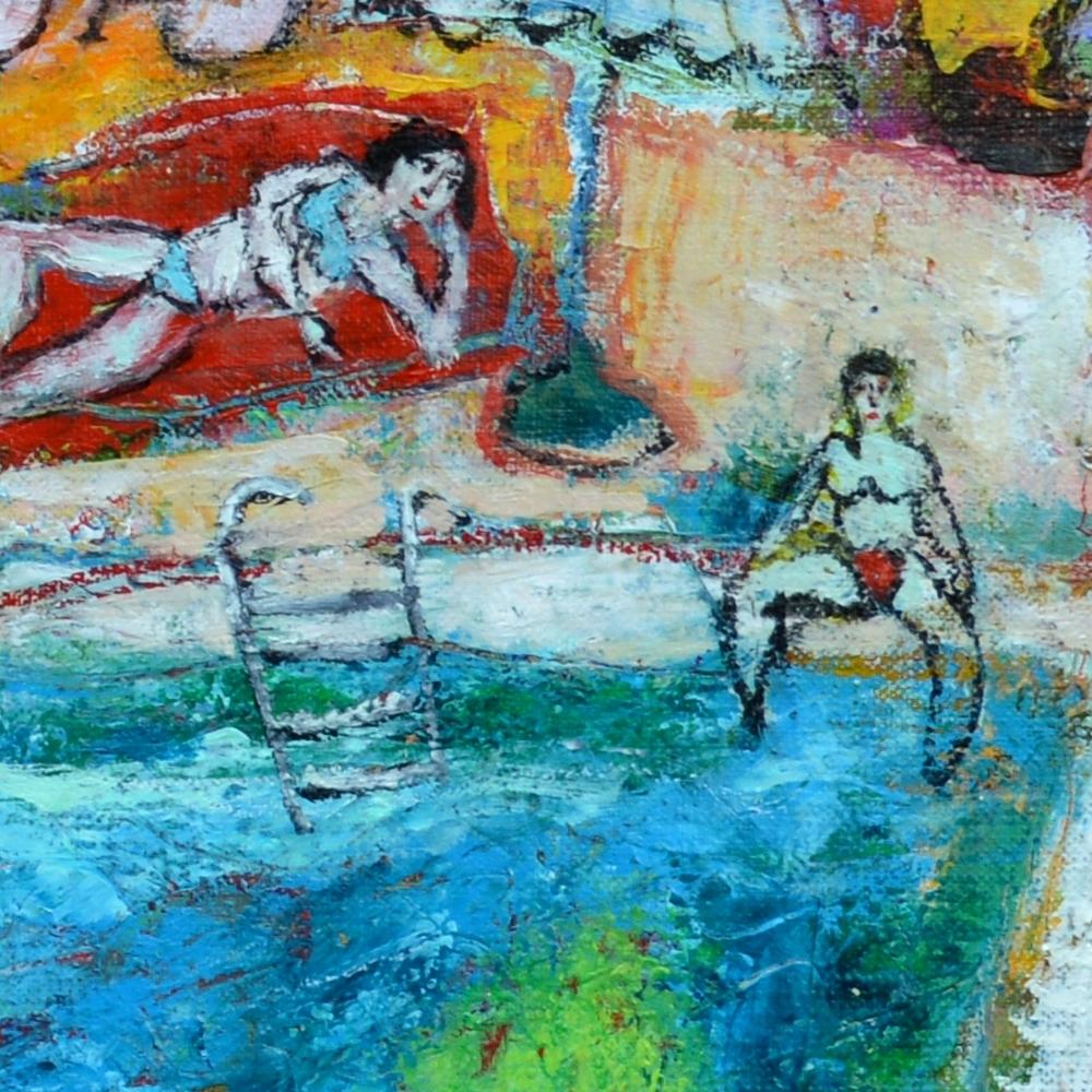 « A day at the Swimming Pool », peinture de figuration poétique bleue, jaune, rouge, verte en vente 6