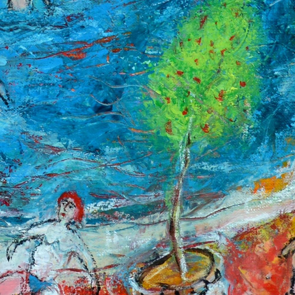 « A day at the Swimming Pool », peinture de figuration poétique bleue, jaune, rouge, verte en vente 7