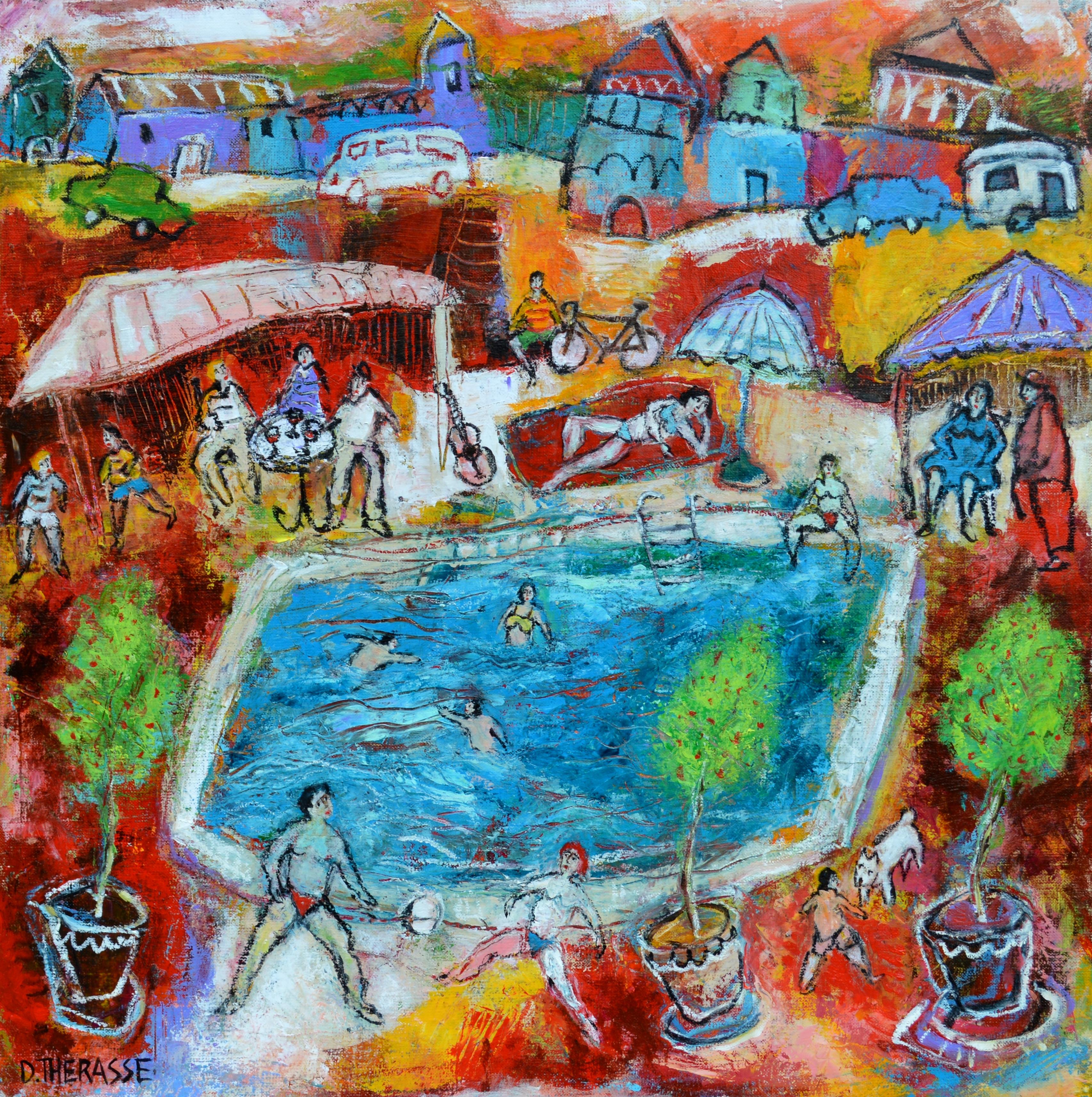 "A day at the Swimming Pool", Blue Yellow Red Green Poetic Figuration Painting  - Mixed Media Art by Daniel Thérasse