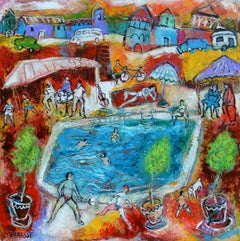 « A day at the Swimming Pool », peinture de figuration poétique bleue, jaune, rouge, verte 