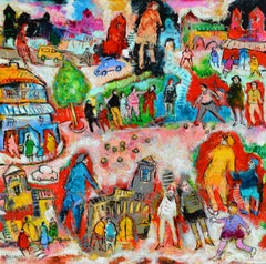 "Bocce Players", Blue Red Yellow Pink Green Poetic Figuration Painting 