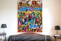 "Port Fountain", Colorful Life Scene Poetic Figuration Mixed Media Painting