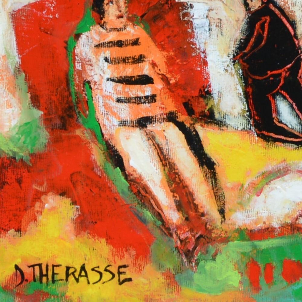 « The City with Green Palms » (La ville avec des palmiers verts), peinture de figuration poétique représentant des tours rouges et jaunes en vente 10