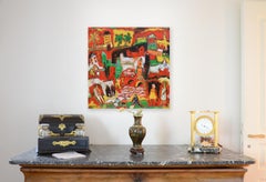 "The City with Green Palms", Red Yellow Towers Poetic Figuration Painting