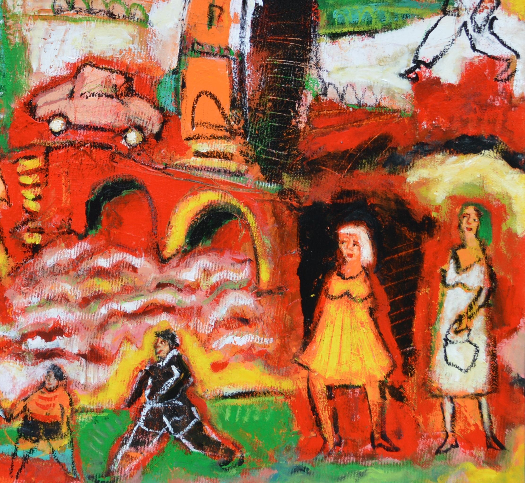 « The City with Green Palms » (La ville avec des palmiers verts), peinture de figuration poétique représentant des tours rouges et jaunes en vente 2