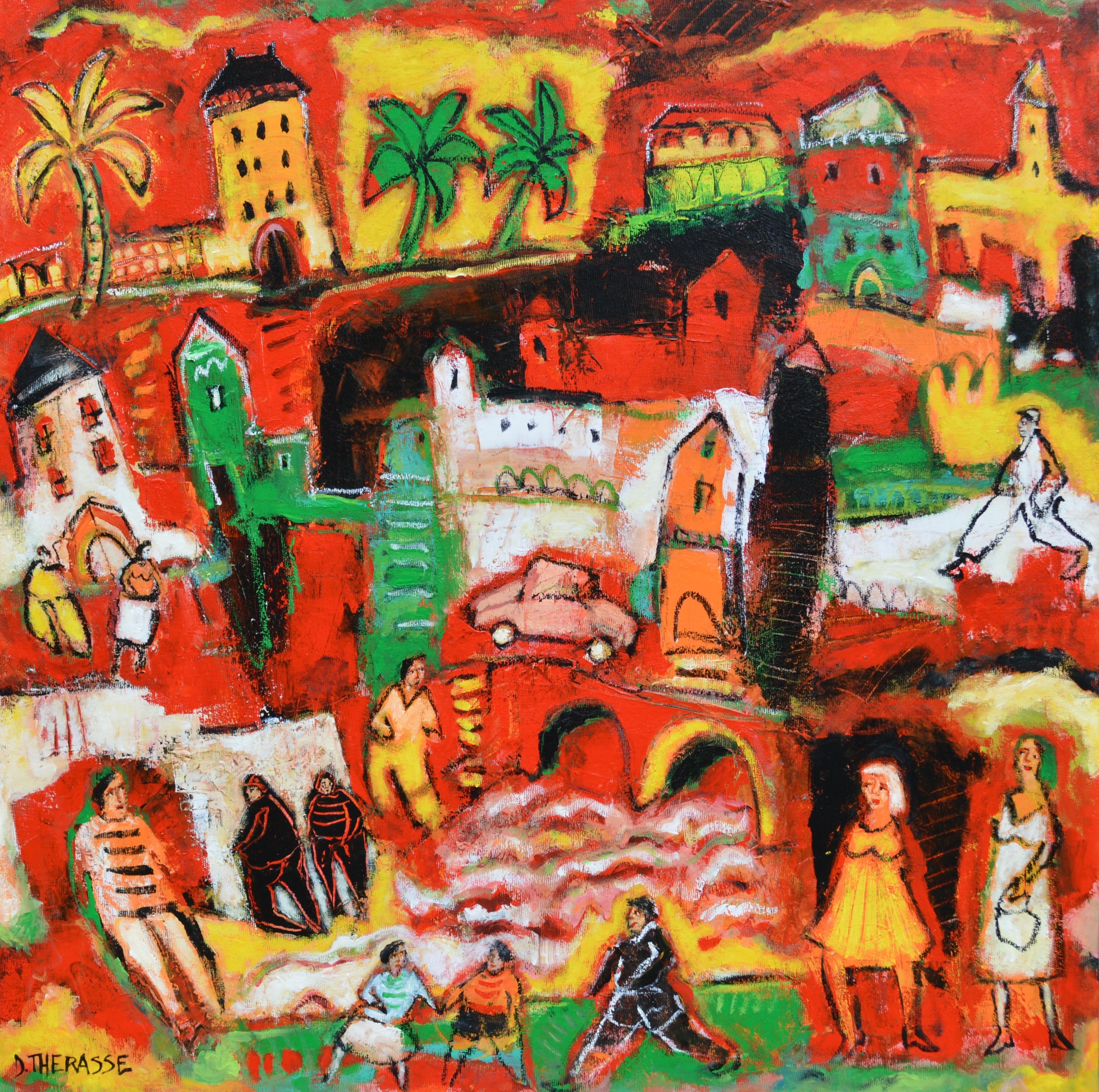 Daniel Thérasse Figurative Painting - "The City with Green Palms", Red Yellow Towers Poetic Figuration Painting 