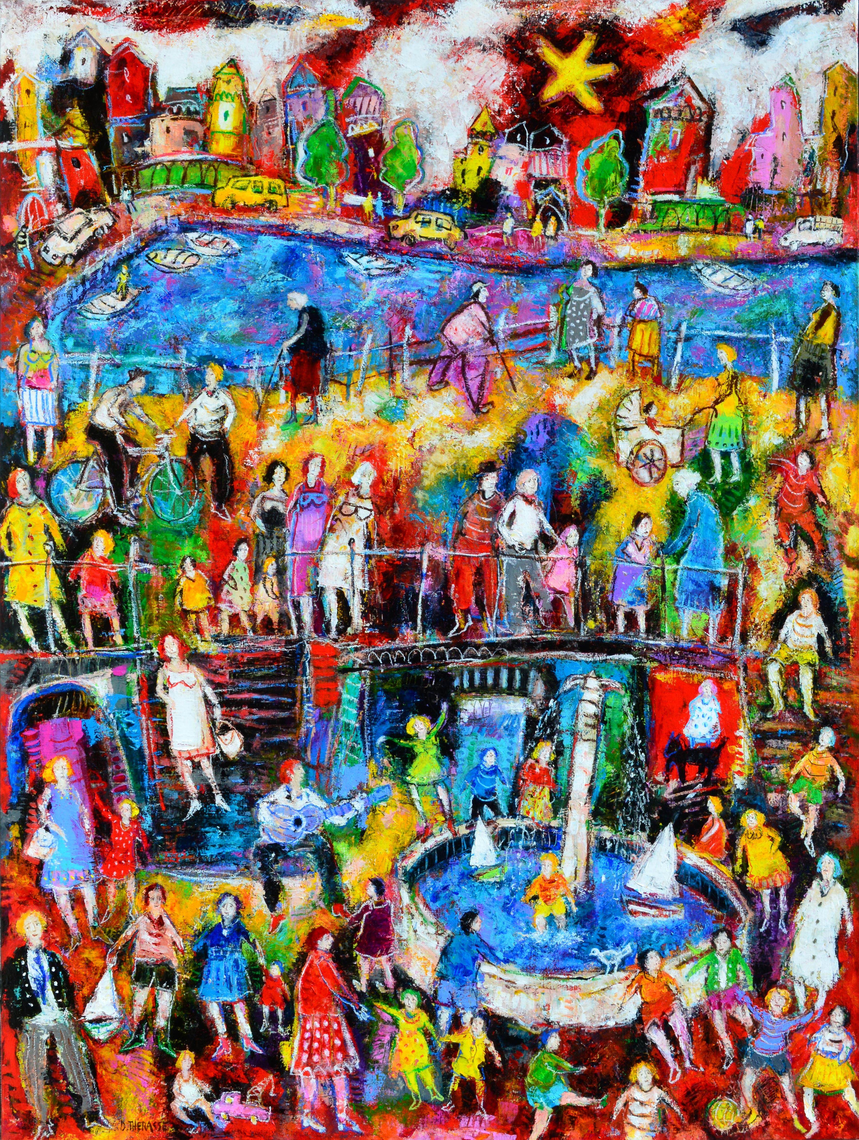 Daniel Thérasse Figurative Painting - "Port Fountain", Colorful Life Scene Poetic Figuration Mixed Media Painting 