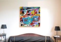 "The Port in Summer", Blue Red Yellow  Poetic Figuration Painting