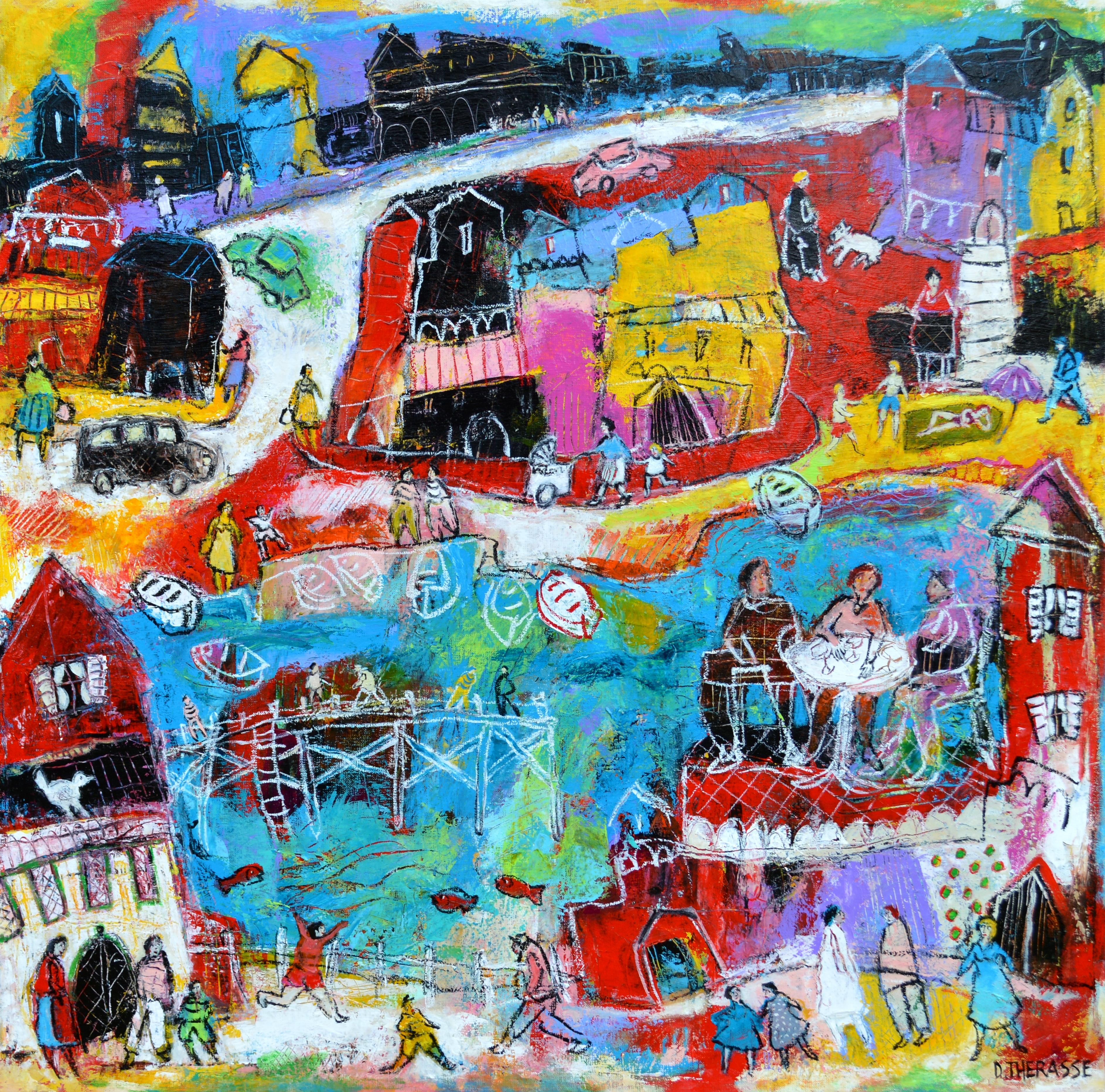 "The Port in Summer", Blue Red Yellow  Poetic Figuration Painting  - Mixed Media Art by Daniel Thérasse