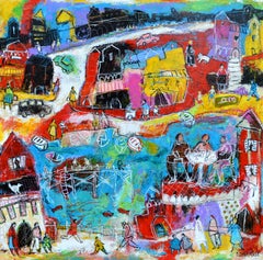 "The Port in Summer", Blue Red Yellow  Poetic Figuration Painting 
