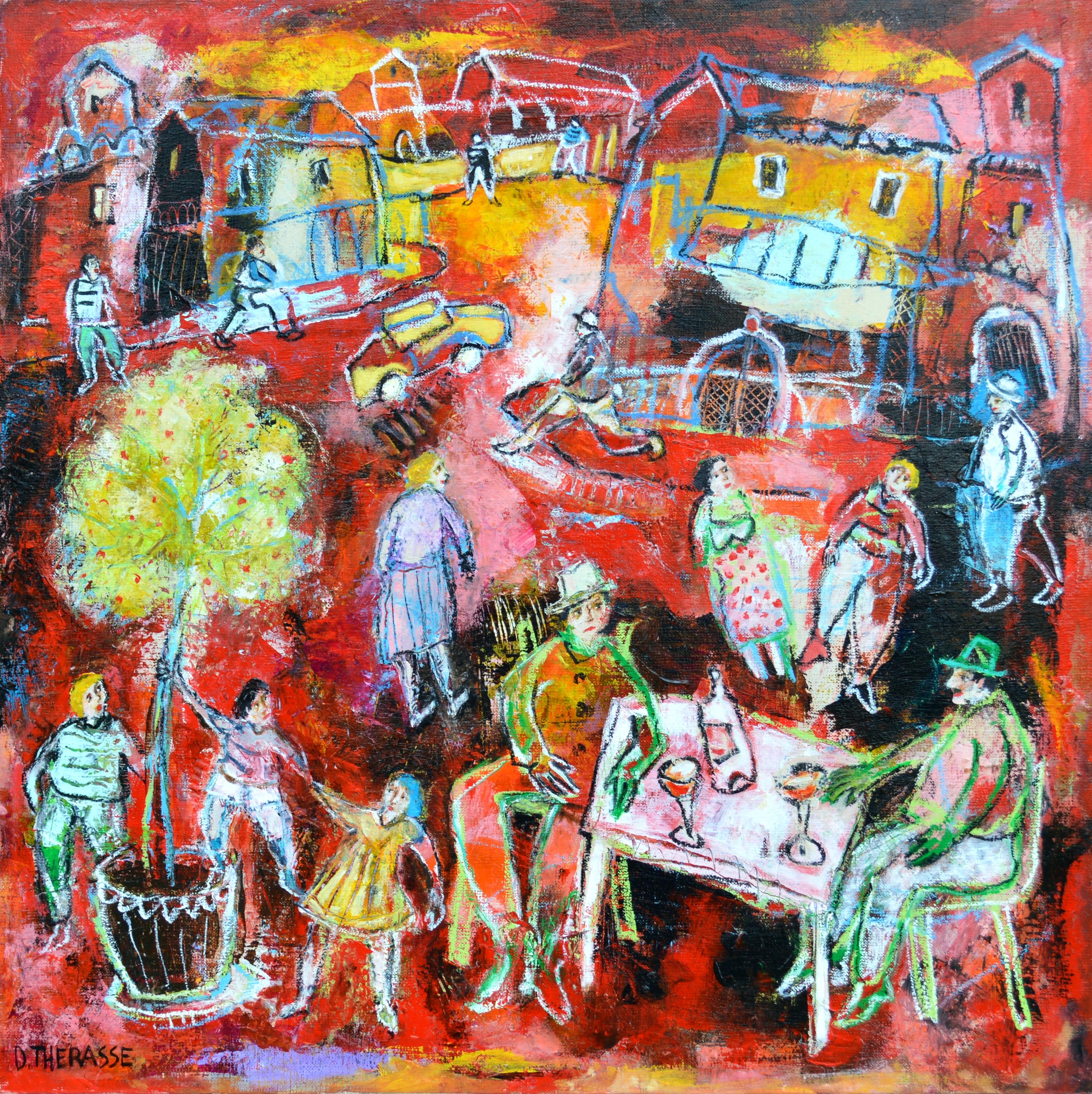 "Two Friends & Passersby",  People in Groups Red Yellow Figuration Painting  - Mixed Media Art by Daniel Thérasse