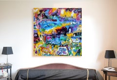 "Vacations by the Sea ", Yellow Blue Pink Green Poetic Figuration Painting