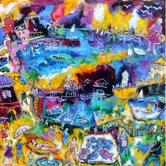 "Vacations by the Sea ", Yellow Blue Pink Green Poetic Figuration Painting 
