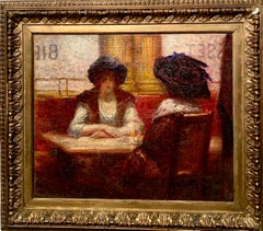 19/20th century French Impressionist oil cafe scene, women drinking coffee