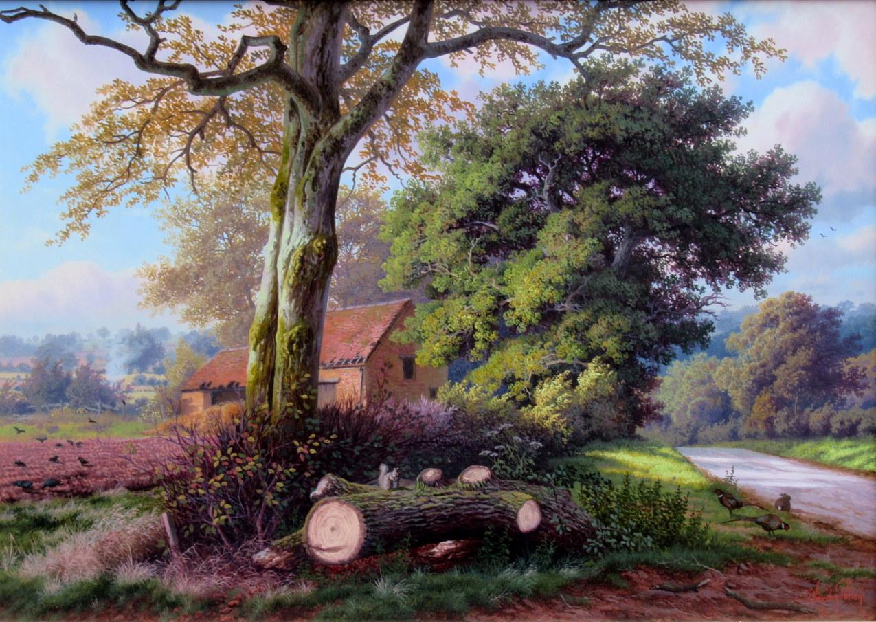Superb painting by Daniel Van der Putten, an English Rural Autumn View of Byfield an area outside Warwickshire in England. 

This vintage view depicts a large cut down tree beside a country road with a farmhouse in the background. The Artist's