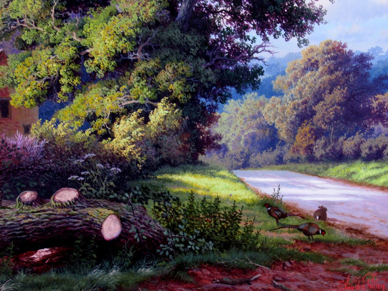 Hand-Painted Daniel Van der Putten Oil Painting English Rural Landscape Scene Farmhouse Trees
