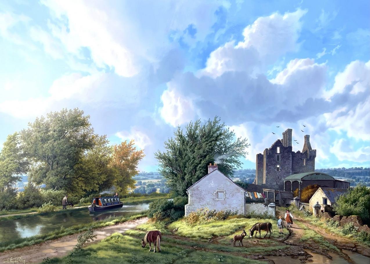 Superb traditional oil painting by Daniel Van der Putten, depicting a wonderful Irish river and farmyard scene with wandering children and animals within the grounds. 

The remains of Ballycowan Castle in County Offaly are visible in the distance.