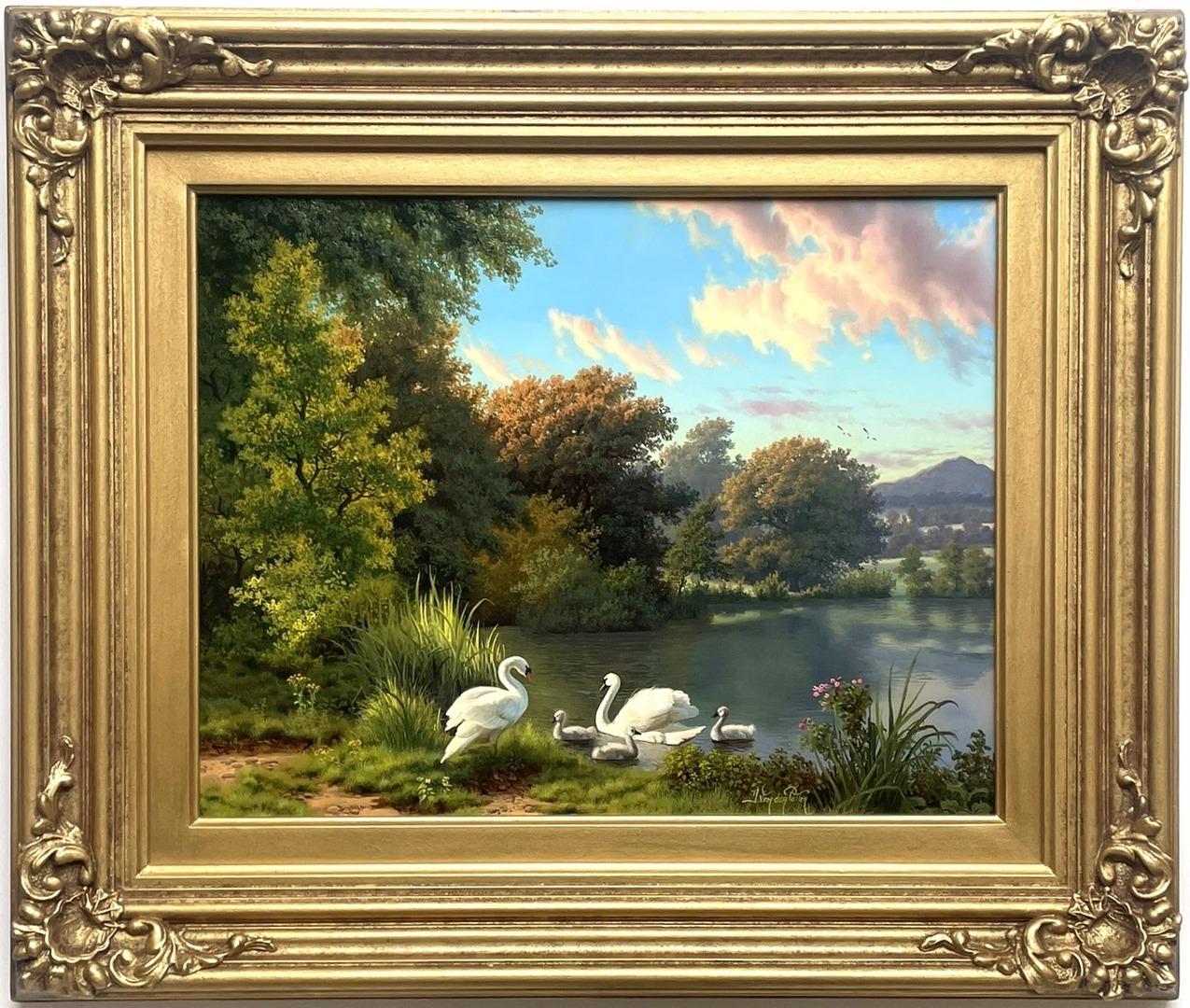 Superb traditional oil painting by living Artist Daniel Van der Putten, depicting an Irish view in County Wicklow, a lake and farmyard scene with a view of the Sugarloaf Mountains in the distance. 
Oil on board complete with its original exceptional