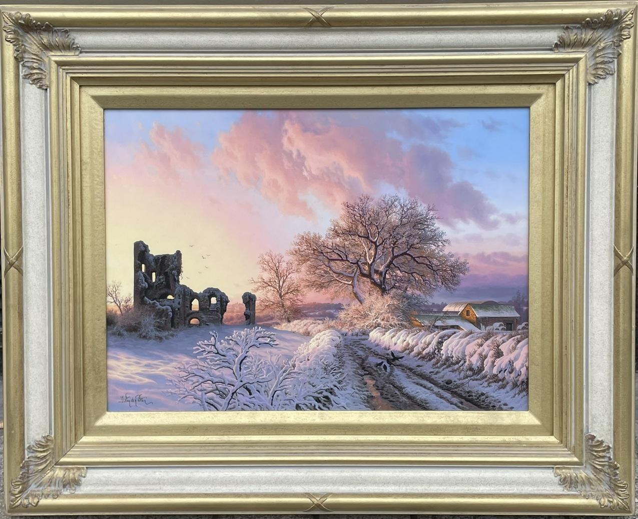 Superb traditional oil painting by living Artist Daniel Van der Putten, depicting an Irish rural snow scene near Mallow in County Cork, a view of a ruin building known as Castle Monparson at the end of a snow filled winding dirt track. Oil on board