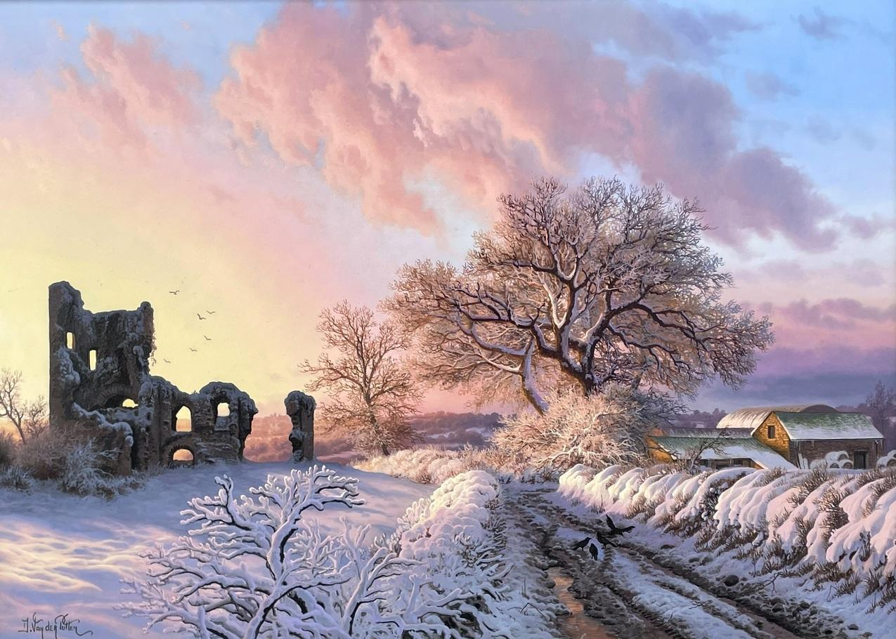 Hand-Painted Daniel Van Der Putten Oil Painting Irish Castle Snow Scene Mallow Cork Ireland For Sale