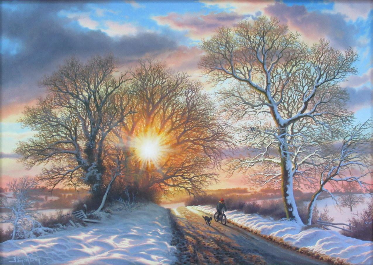 Superb painting by Daniel Van der Putten, an Irish winter view depicts the sun setting in the West of Ireland on a snow-covered tree lined country road beside Ashford Castle in Cong, County Mayo.

This vintage evening view shows a lone cyclist