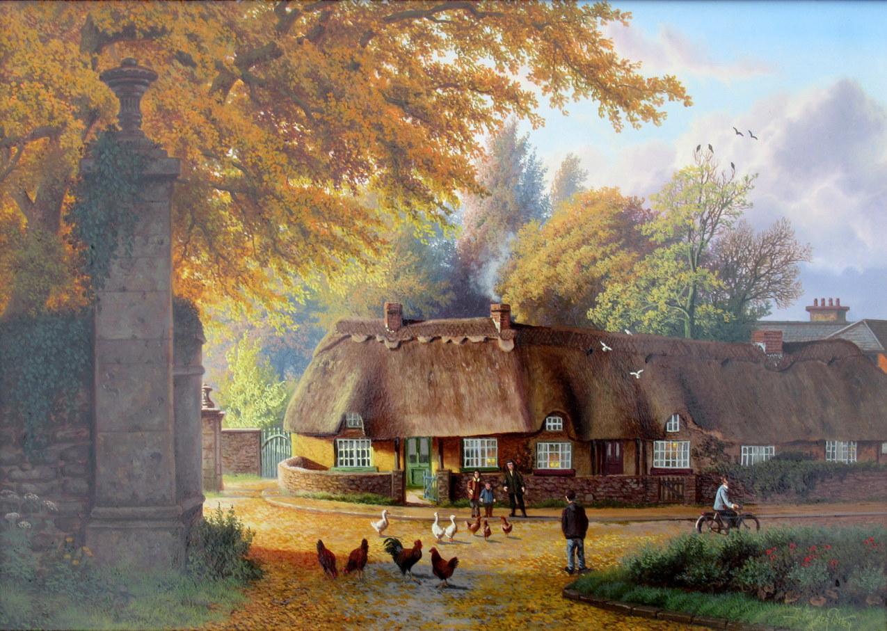 Superb Painting by Daniel Van der Putten, a view of Adare one of Ireland’s most scenic West of Ireland Villages in County Limerick. This vintage view depicts a row of Traditional Thatched Cottages beside tall gates which are the entrance to Adare