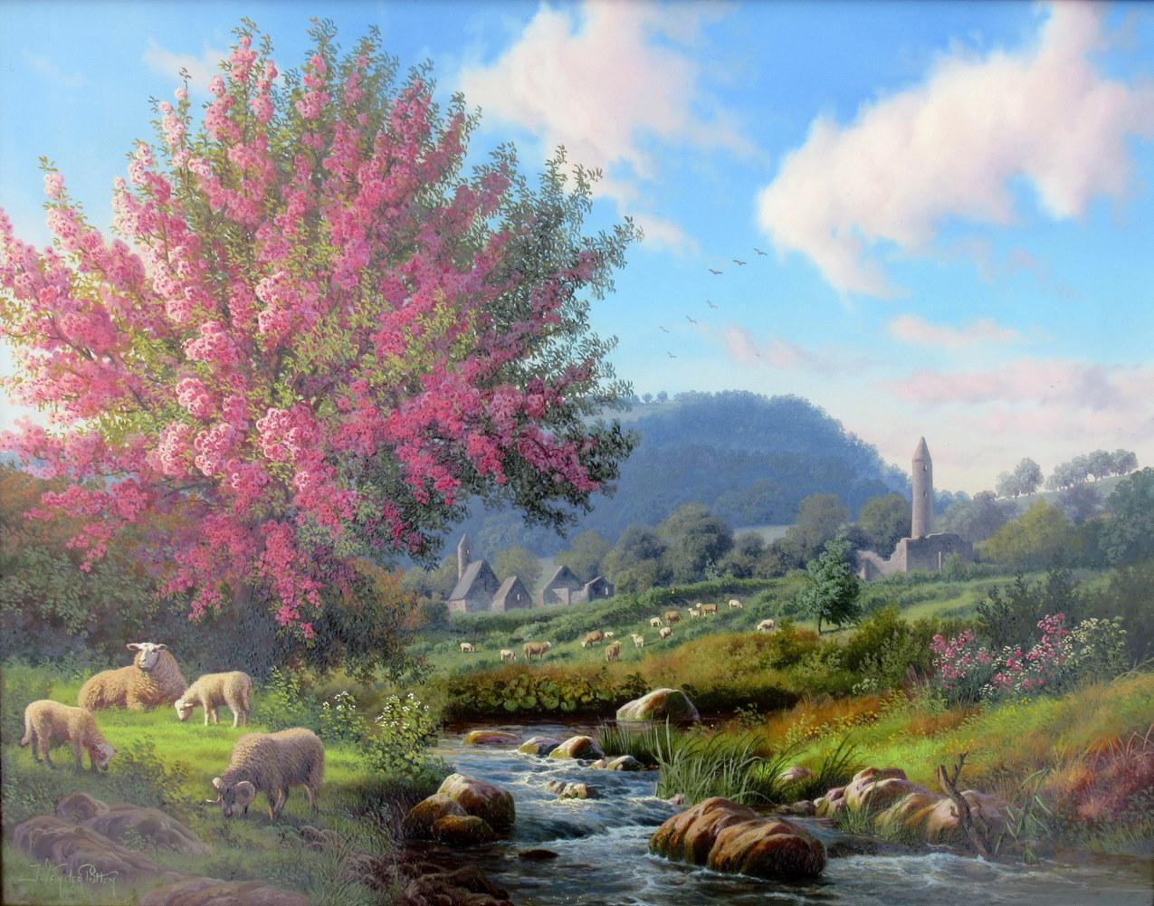 Superb Painting by Daniel Van der Putten, a view of one of Ireland’s most scenic locations Wicklow mountains in County Wicklow just outside of Dublin. This vintage view depicts a stream with sheep grazing to the left and a Round Tower and a group of